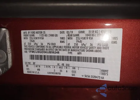 2019 Ford Escape Se z USA, uszkodzony, nr VIN 1FMCU9GD5KUB56248